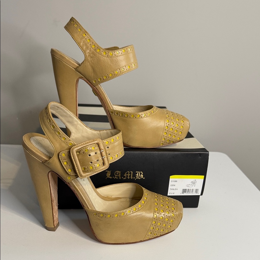 L.A.M.B. Tan Heels with Yellow Details - sz 6.5